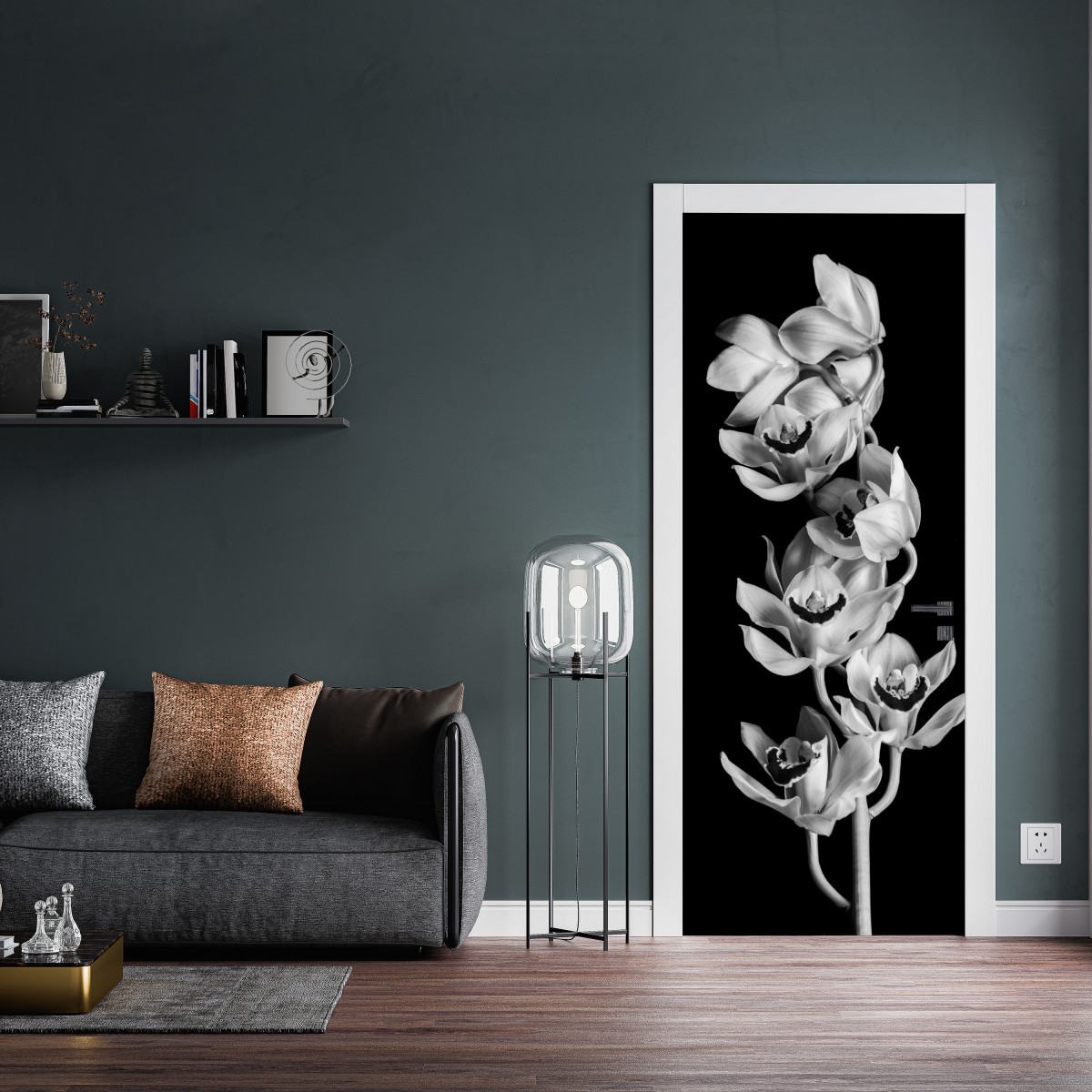Naklejka na drzwi elegancka monochromatyczna gałąź orchidei – Wallissimo® Naklejka na drzwi elegancka monochromatyczna gałąź orchidei – Wallissimo®