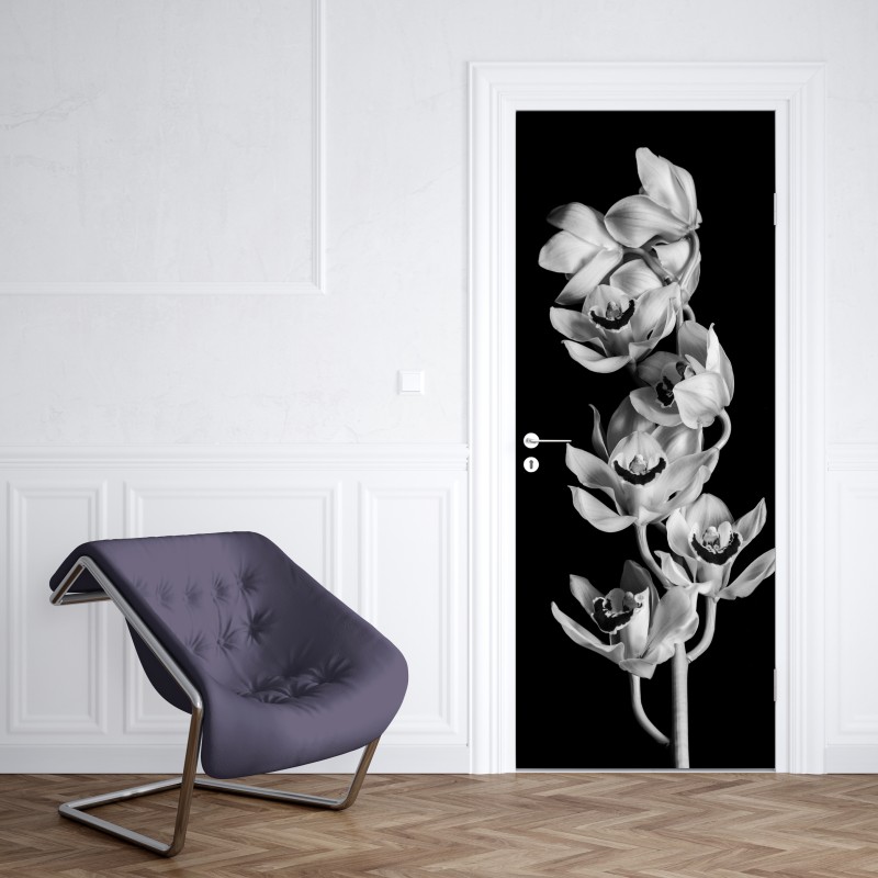 Naklejka na drzwi elegancka monochromatyczna gałąź orchidei – Wallissimo® Naklejka na drzwi elegancka monochromatyczna gałąź orchidei – Wallissimo®