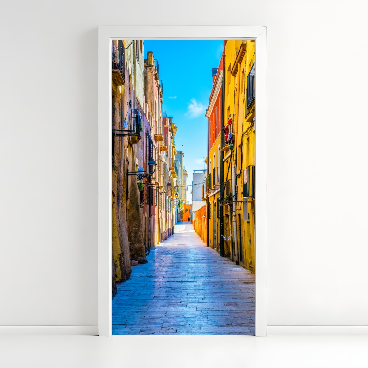 Door sticker sunlit Mediterranean street with colorful facades – Wallissimo®