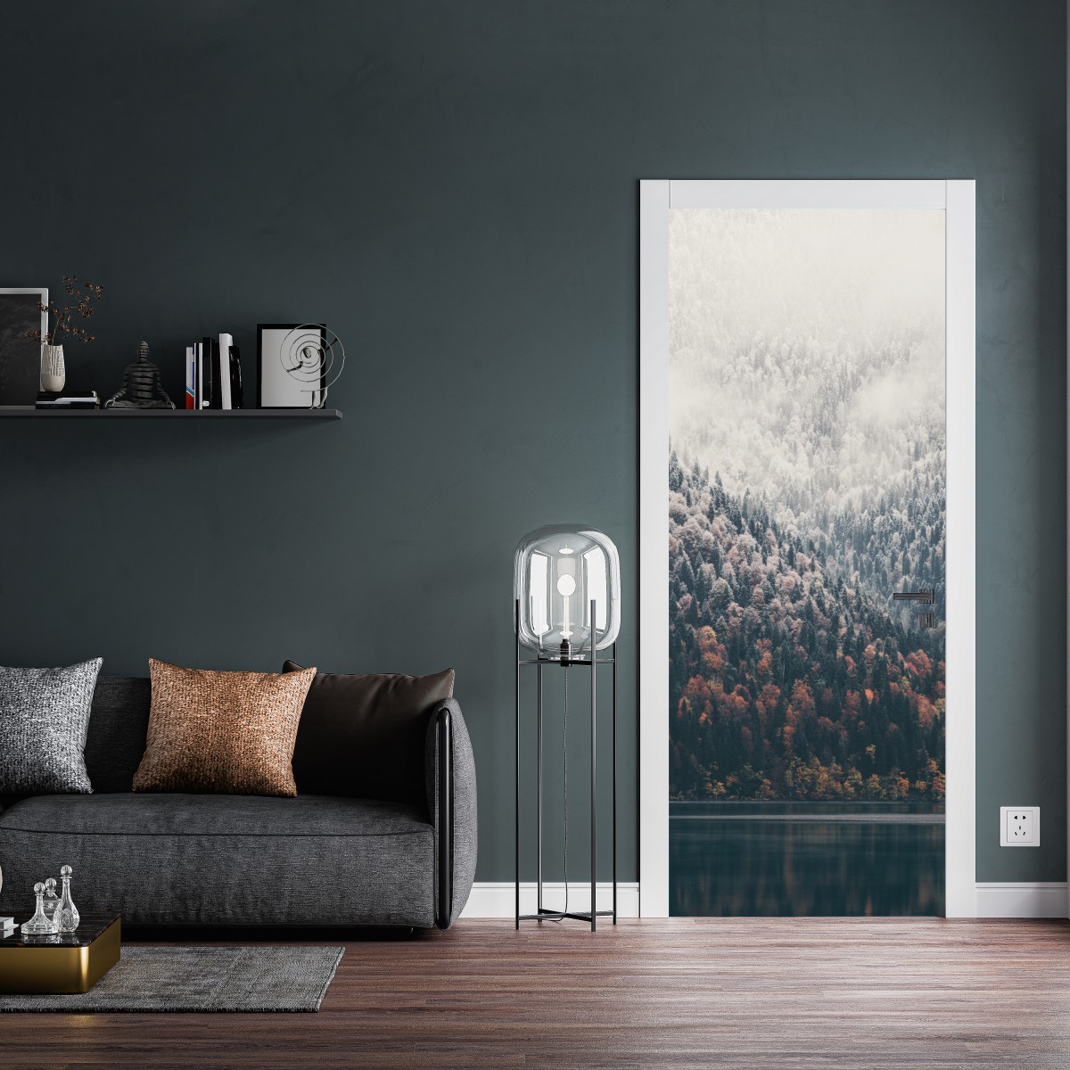 Naklejka na drzwi jesienna mgła nad górskim lasem – Wallissimo® Naklejka na drzwi jesienna mgła nad górskim lasem – Wallissimo®