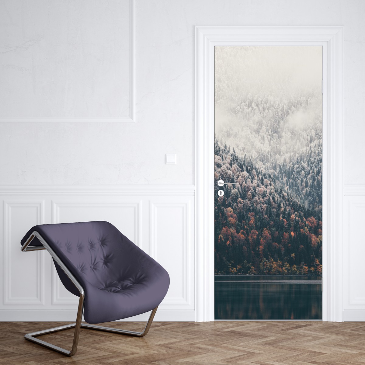 Naklejka na drzwi jesienna mgła nad górskim lasem – Wallissimo® Naklejka na drzwi jesienna mgła nad górskim lasem – Wallissimo®