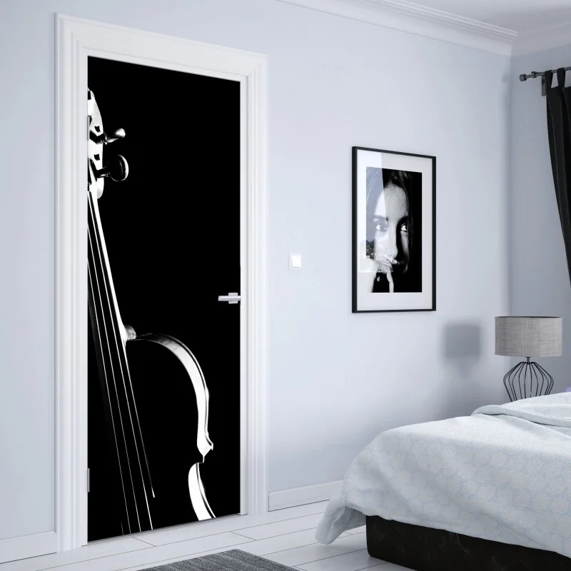 Naklejka na drzwi elegancka sylwetka skrzypiec na czarnym tle – Wallissimo® Naklejka na drzwi elegancka sylwetka skrzypiec na czarnym tle – Wallissimo®