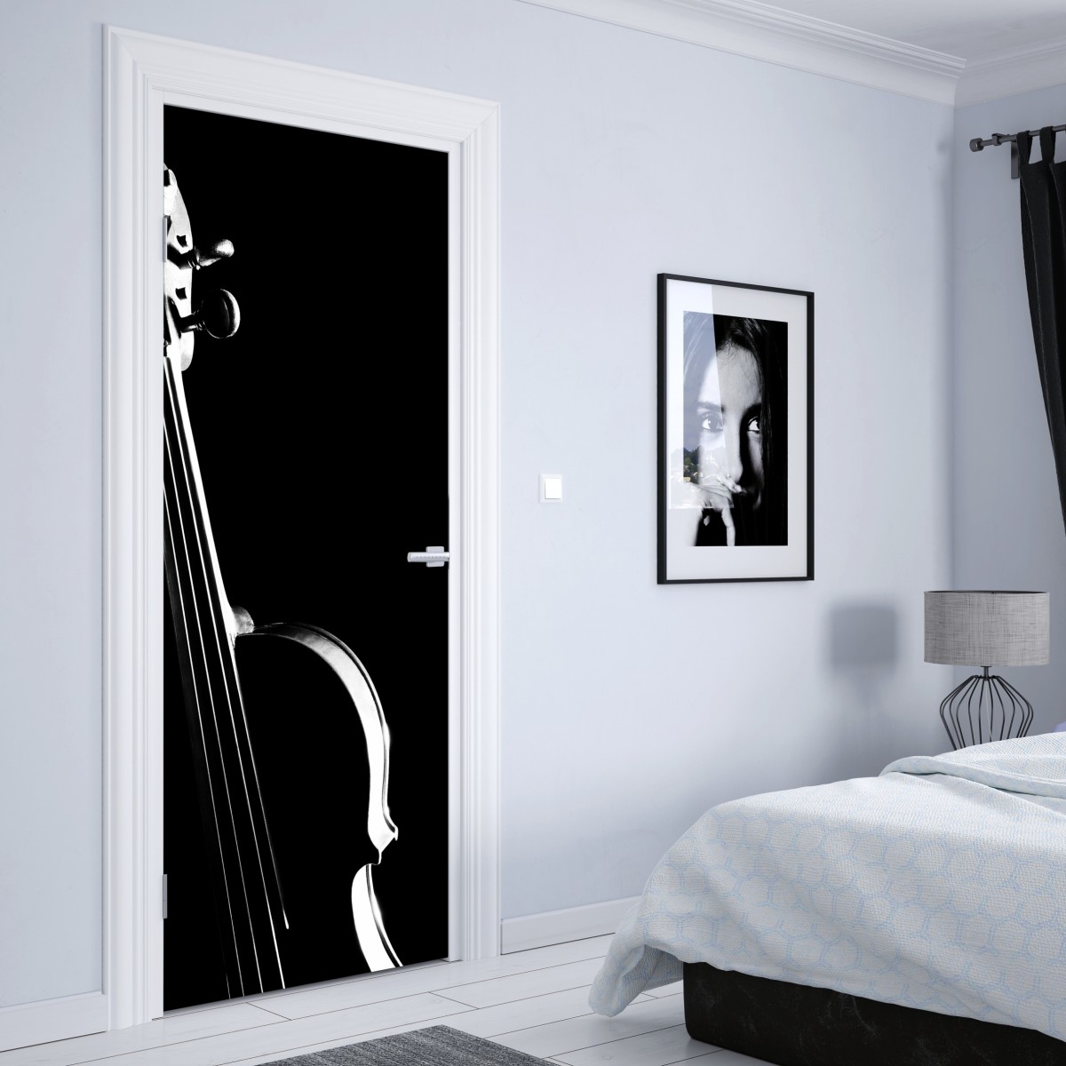 Naklejka na drzwi elegancka sylwetka skrzypiec na czarnym tle – Wallissimo® Naklejka na drzwi elegancka sylwetka skrzypiec na czarnym tle – Wallissimo®