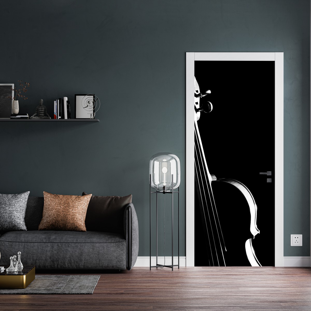 Naklejka na drzwi elegancka sylwetka skrzypiec na czarnym tle – Wallissimo® Naklejka na drzwi elegancka sylwetka skrzypiec na czarnym tle – Wallissimo®