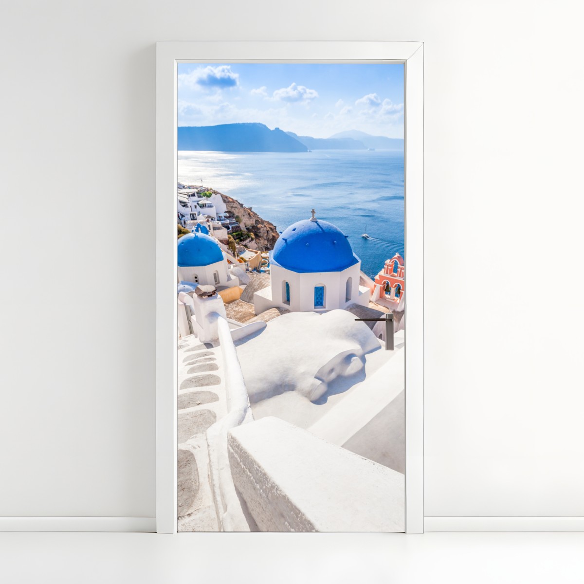 Door sticker sunlit Santorini blue domes and sea view – Wallissimo®
