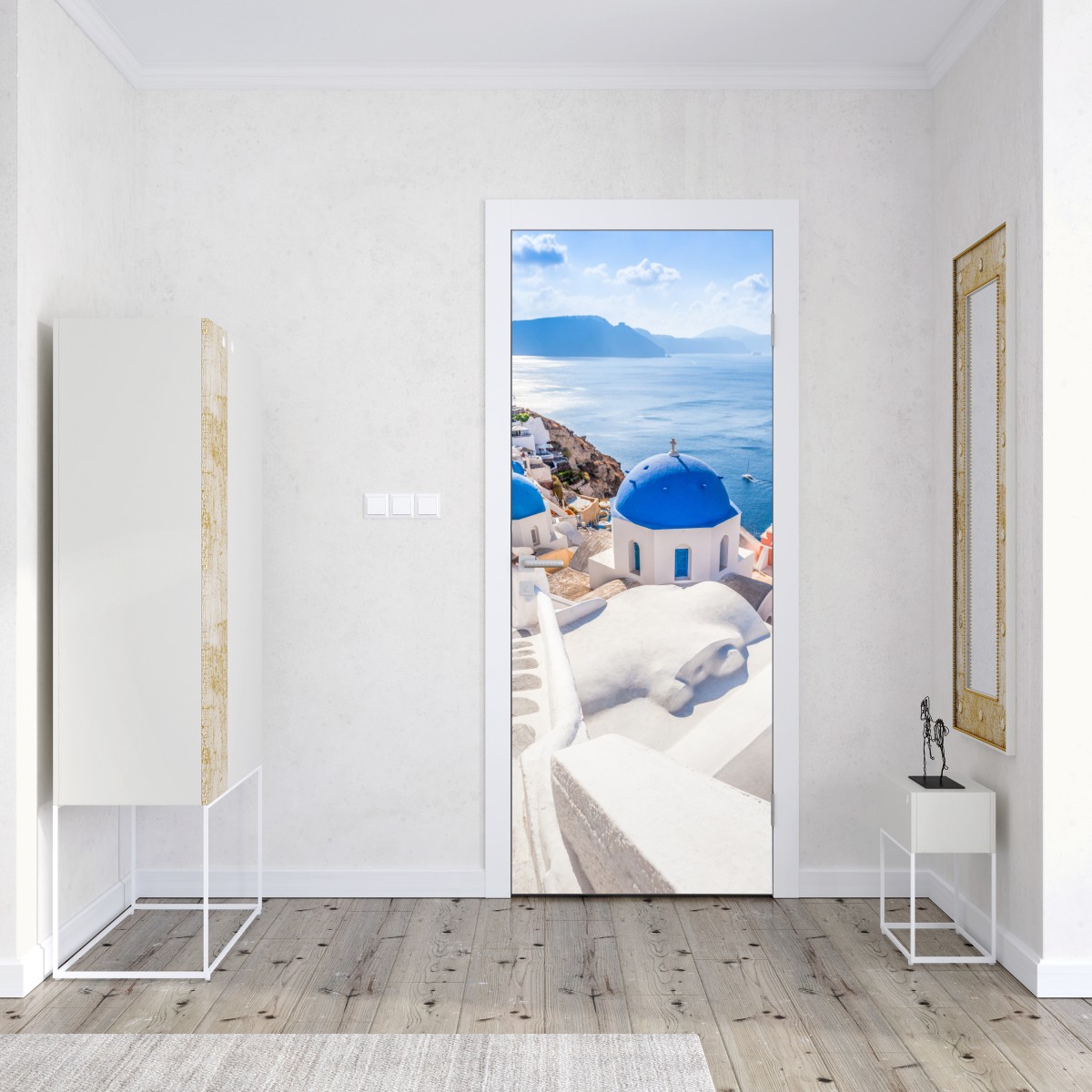 Naklejka na drzwi słoneczne Santorini niebieskie kopuły i widok na morze – Wallissimo® Naklejka na drzwi słoneczne Santorini niebieskie kopuły i widok na morze – Wallissimo®