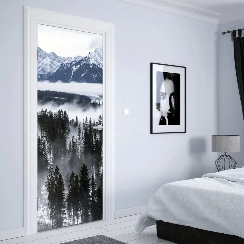 Naklejka na drzwi delikatne białe liście na szarym tle – Wallissimo®