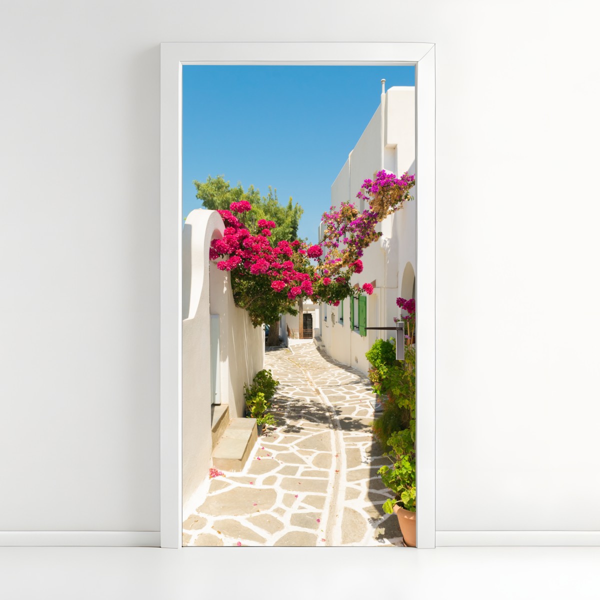 Door sticker sunlit Mediterranean alley with bougainvillea – Wallissimo®