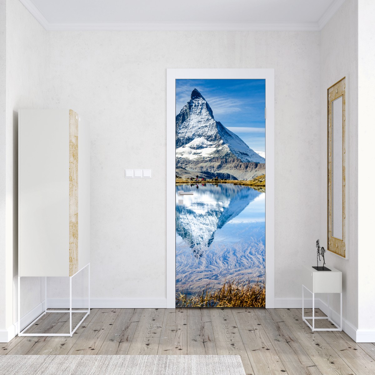Naklejka na drzwi majestatyczny Matterhorn odbity w alpejskim jeziorze – Wallissimo® Naklejka na drzwi majestatyczny Matterhorn odbity w alpejskim jeziorze – Wallissimo®