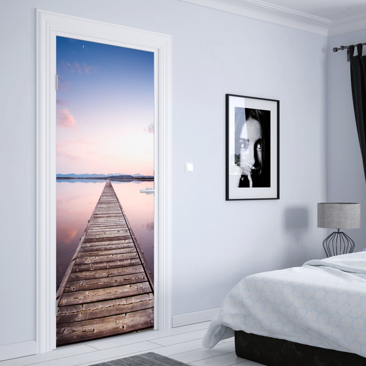 Naklejka na drzwi pomost prowadzący w stronę horyzontu o zachodzie słońca – Wallissimo® Naklejka na drzwi pomost prowadzący w stronę horyzontu o zachodzie słońca – Wallissimo®