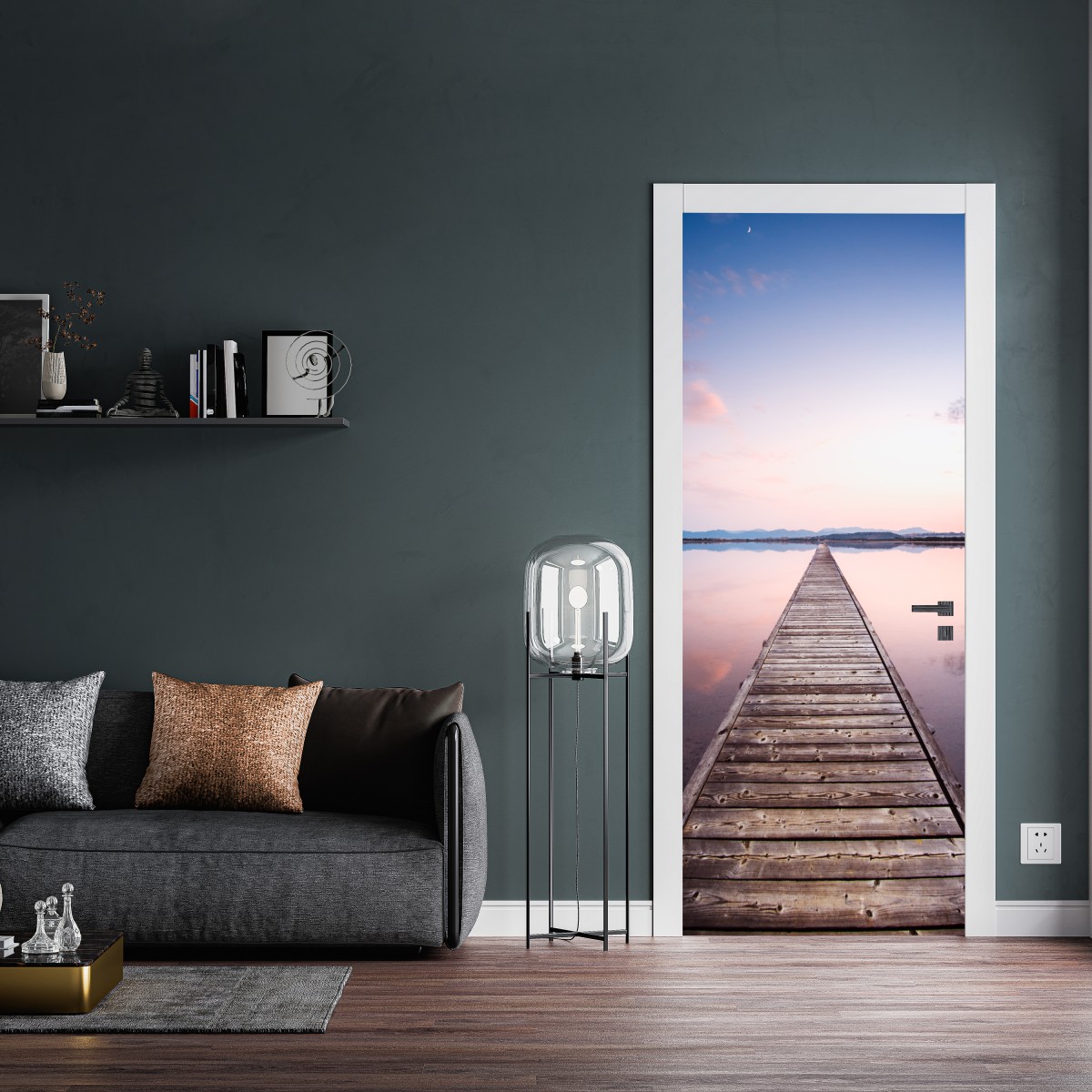 Naklejka na drzwi pomost prowadzący w stronę horyzontu o zachodzie słońca – Wallissimo® Naklejka na drzwi pomost prowadzący w stronę horyzontu o zachodzie słońca – Wallissimo®