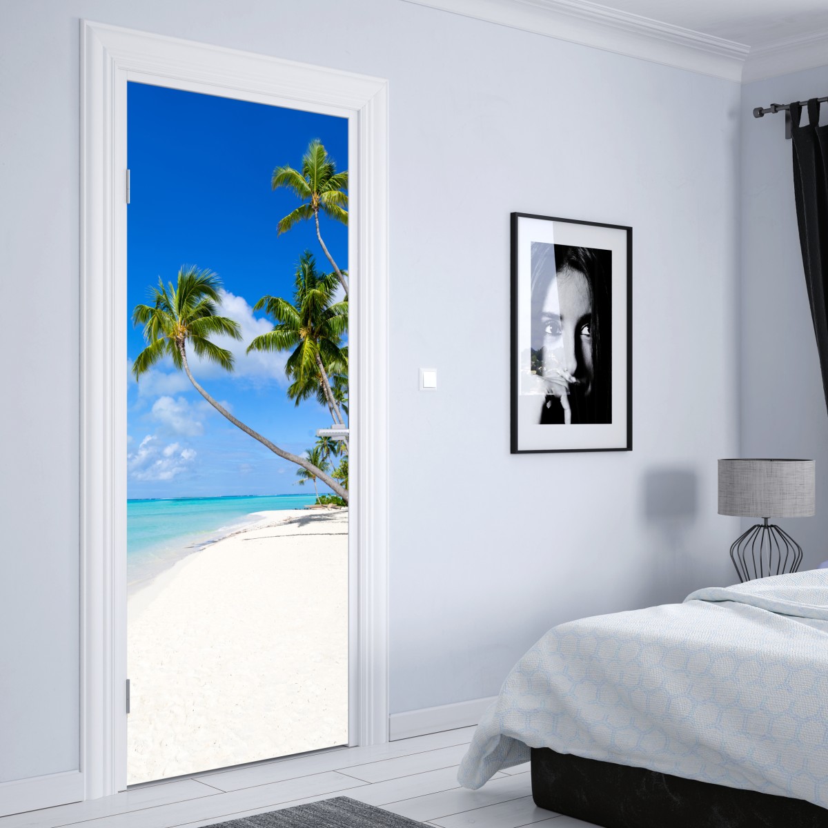 Naklejka na drzwi tropikalna plaża z palmami – Wallissimo® Naklejka na drzwi tropikalna plaża z palmami – Wallissimo®