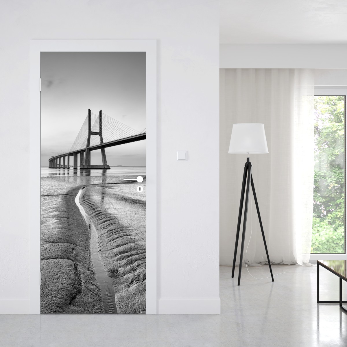 Naklejka na drzwi minimalistyczny most wantowy w monochromie – Wallissimo® Naklejka na drzwi minimalistyczny most wantowy w monochromie – Wallissimo®