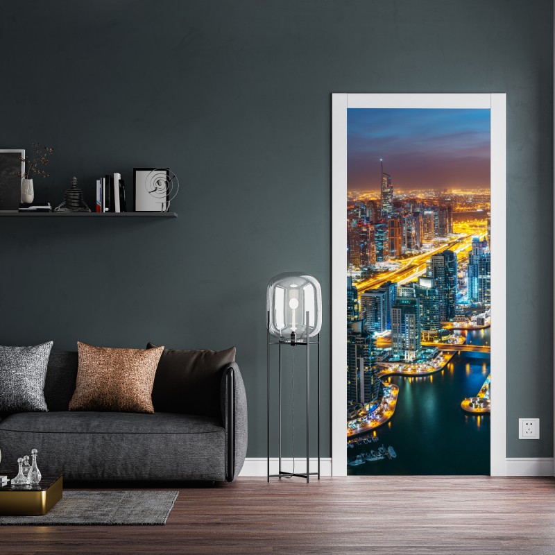 Naklejka na drzwi nocna panorama Dubai Marina – Wallissimo® Naklejka na drzwi nocna panorama Dubai Marina – Wallissimo®