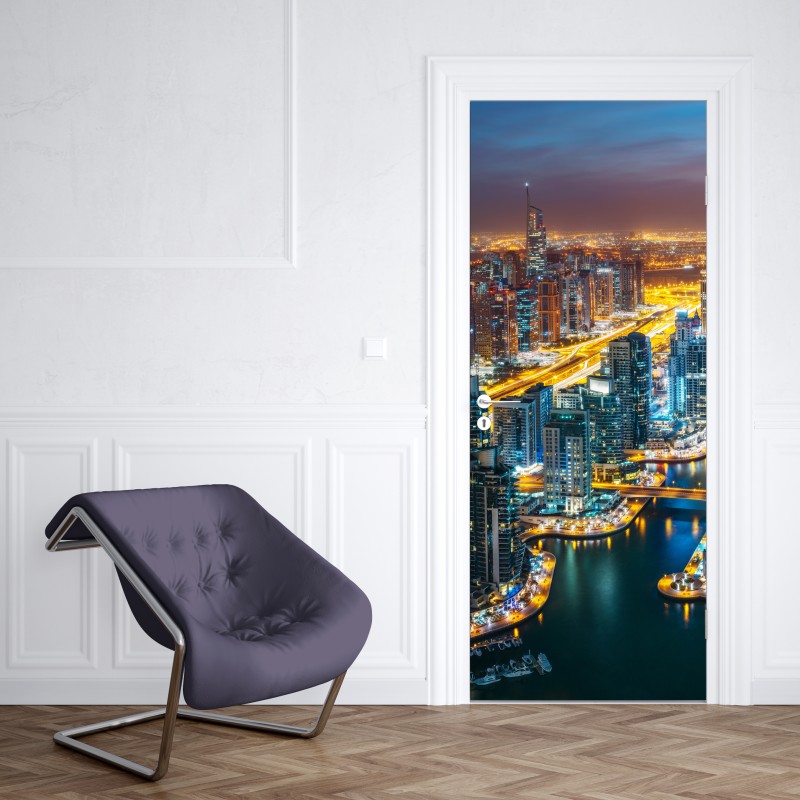 Naklejka na drzwi nocna panorama Dubai Marina – Wallissimo® Naklejka na drzwi nocna panorama Dubai Marina – Wallissimo®