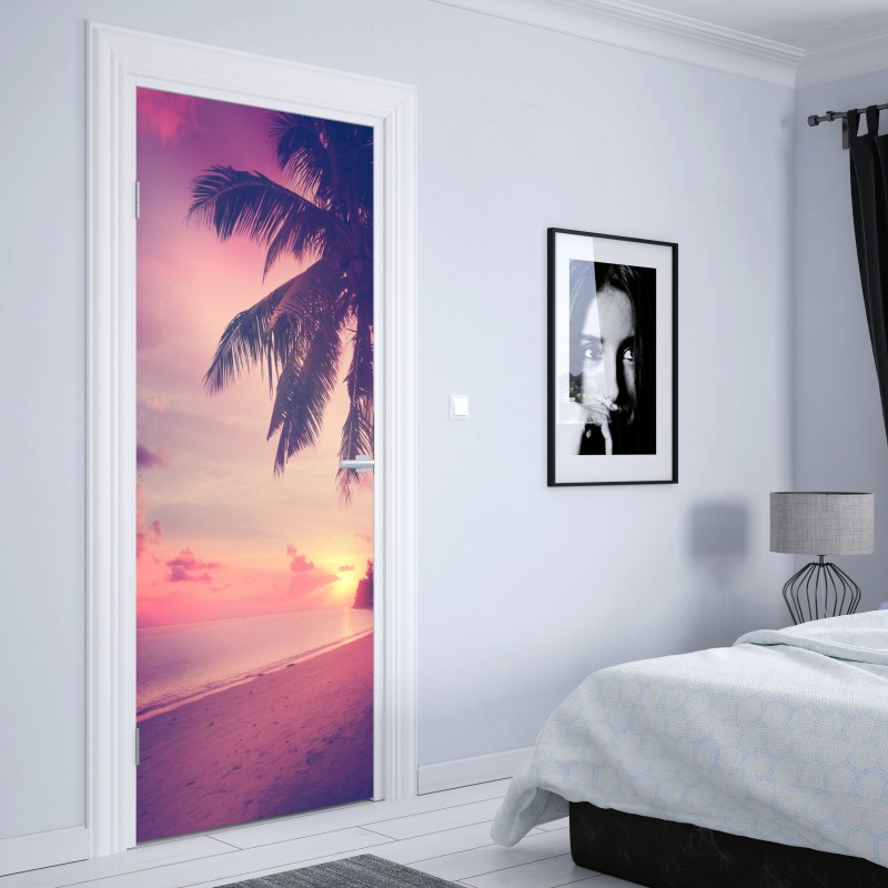 Naklejka na drzwi tropikalny zachód słońca na plaży – Wallissimo® Naklejka na drzwi tropikalny zachód słońca na plaży – Wallissimo®