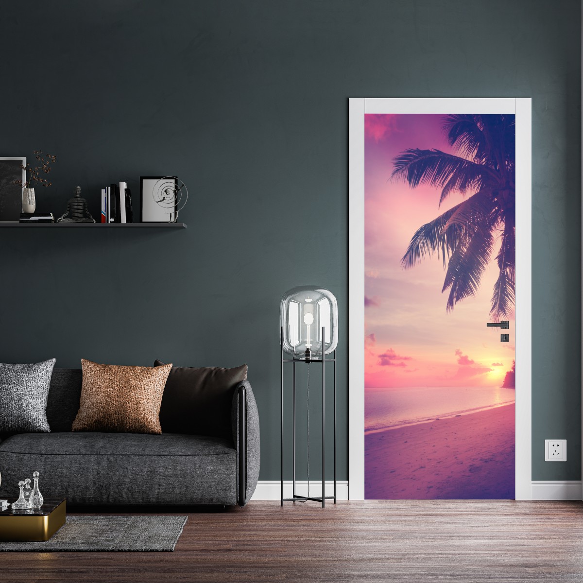 Naklejka na drzwi tropikalny zachód słońca na plaży – Wallissimo® Naklejka na drzwi tropikalny zachód słońca na plaży – Wallissimo®