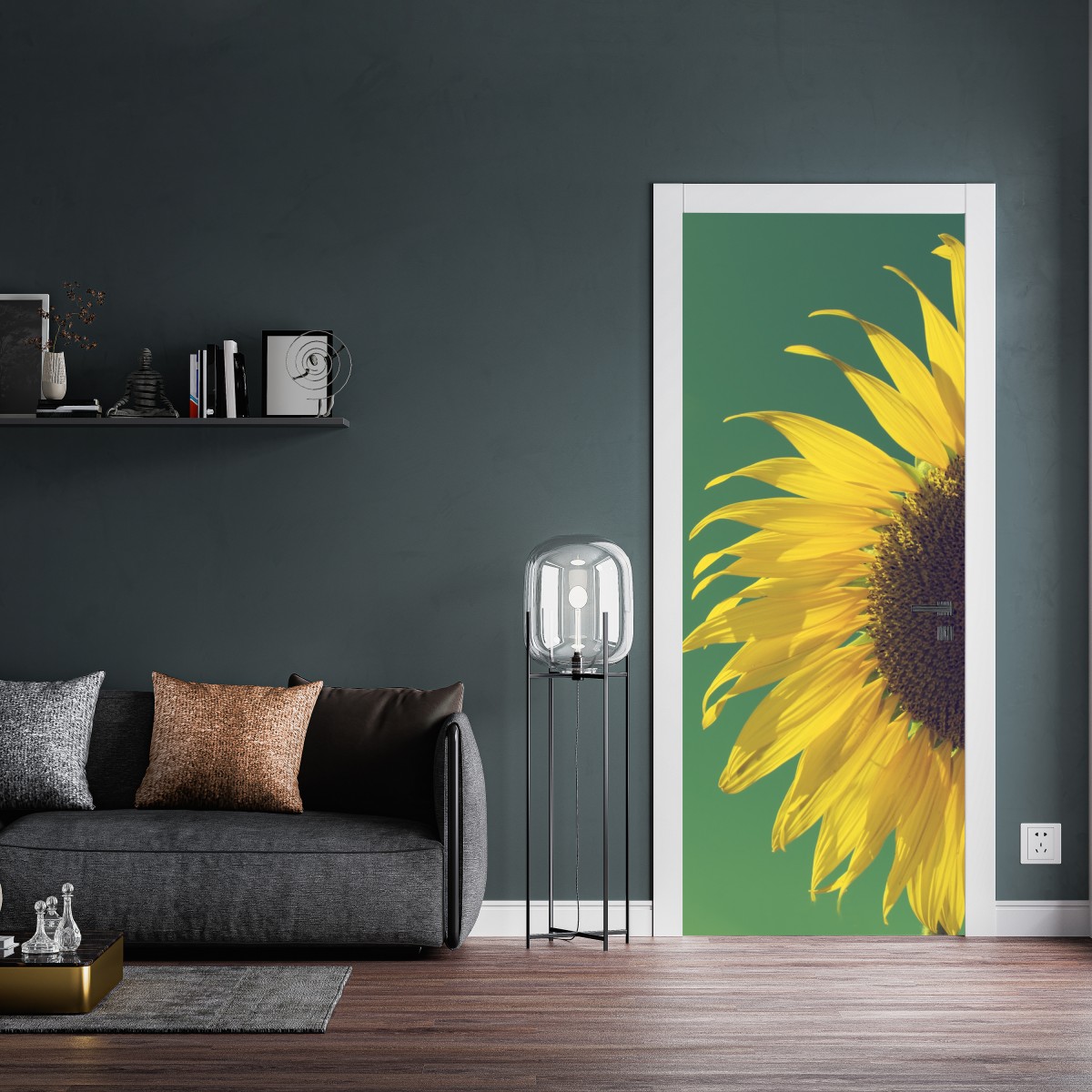 Naklejka na drzwi promienny słonecznik na retro niebie – Wallissimo® Naklejka na drzwi promienny słonecznik na retro niebie – Wallissimo®