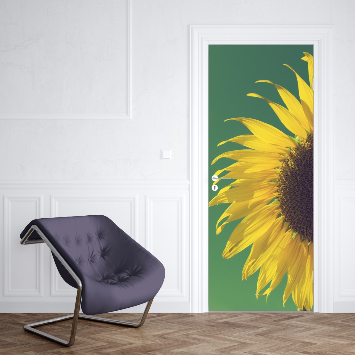 Naklejka na drzwi promienny słonecznik na retro niebie – Wallissimo® Naklejka na drzwi promienny słonecznik na retro niebie – Wallissimo®
