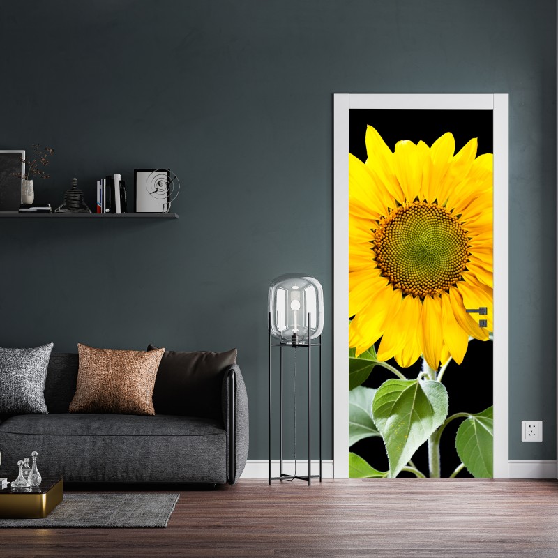 Naklejka na drzwi jaskrawy słonecznik na czarnym tle – Wallissimo® Naklejka na drzwi jaskrawy słonecznik na czarnym tle – Wallissimo®