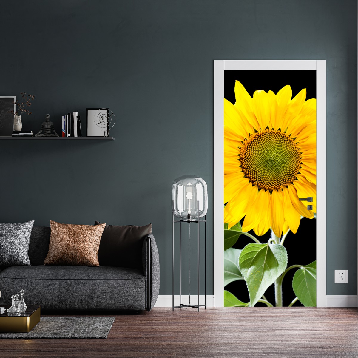 Naklejka na drzwi jaskrawy słonecznik na czarnym tle – Wallissimo® Naklejka na drzwi jaskrawy słonecznik na czarnym tle – Wallissimo®
