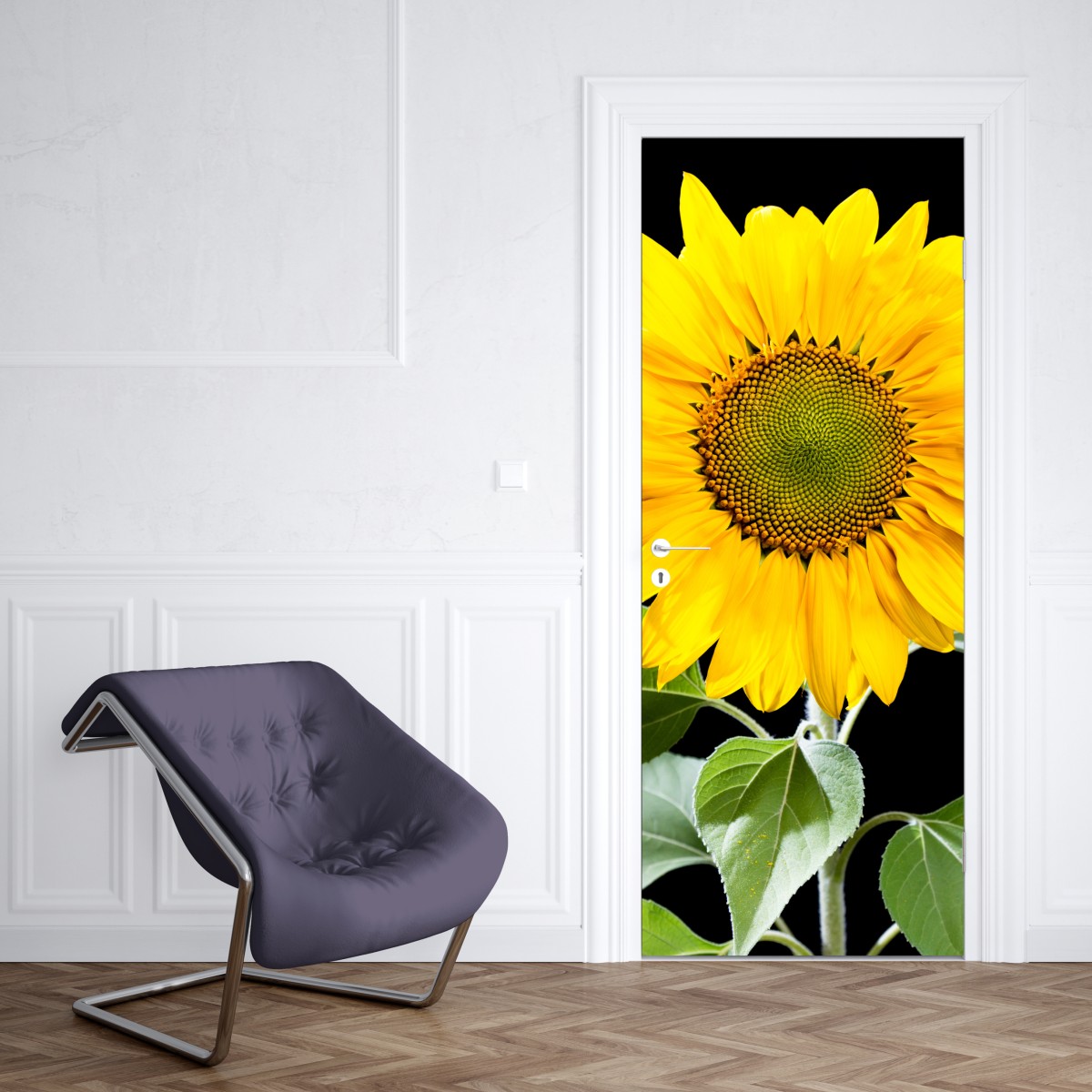 Naklejka na drzwi jaskrawy słonecznik na czarnym tle – Wallissimo® Naklejka na drzwi jaskrawy słonecznik na czarnym tle – Wallissimo®