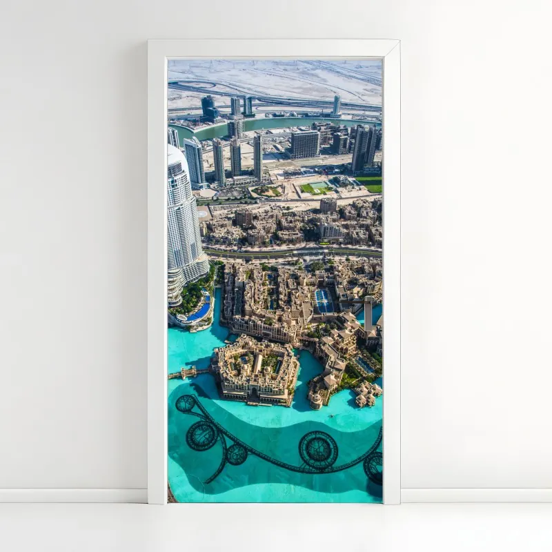 Naklejka na drzwi turkusowe góry o złotych akcentach – Wallissimo®