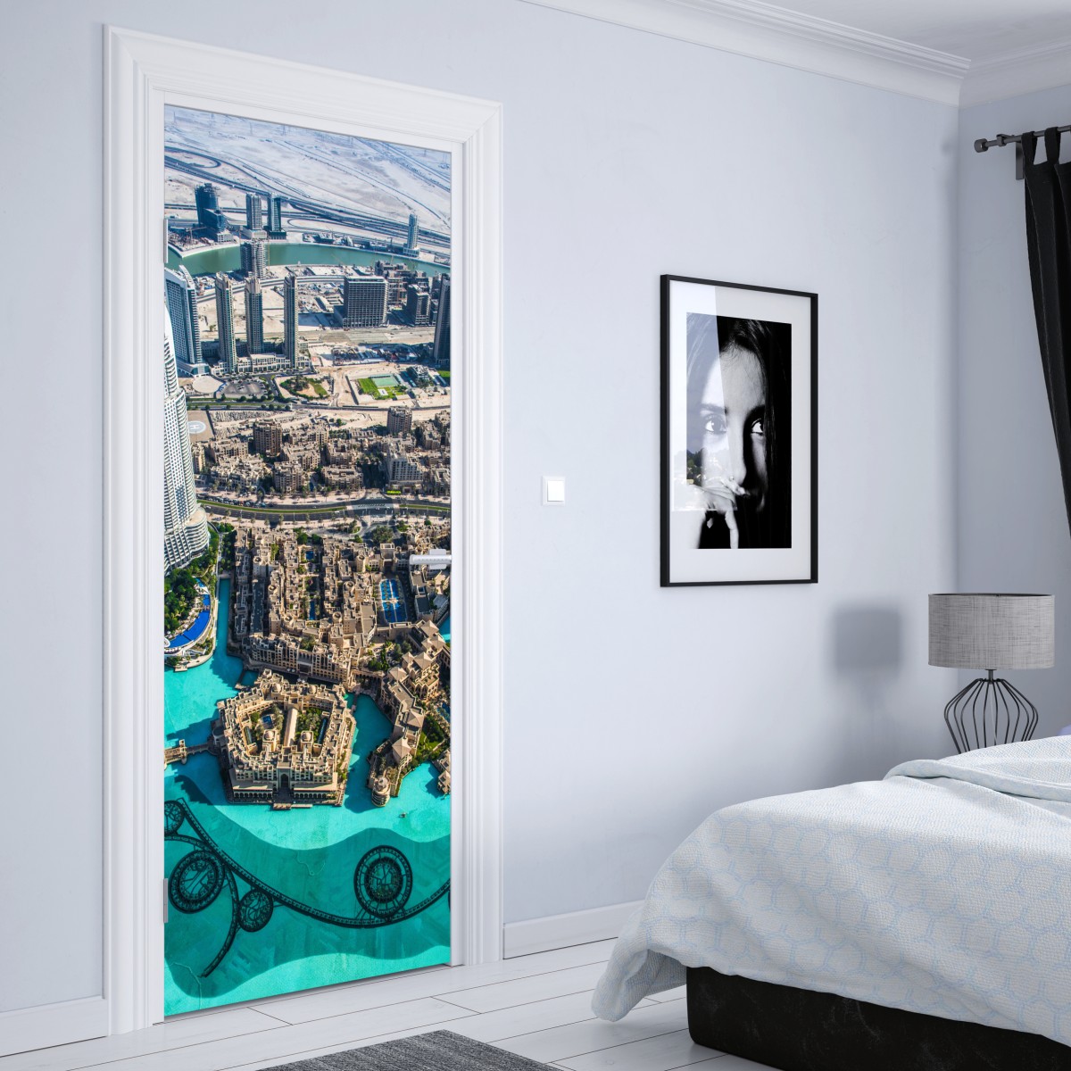 Naklejka na drzwi widok z lotu ptaka na Downtown Dubai – Wallissimo® Naklejka na drzwi widok z lotu ptaka na Downtown Dubai – Wallissimo®