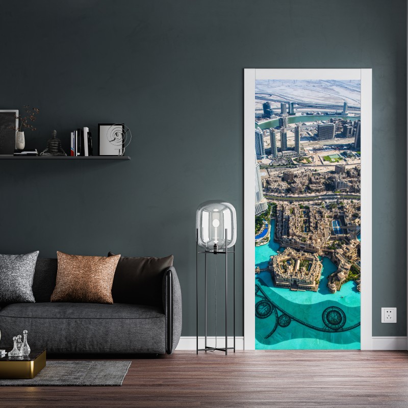 Naklejka na drzwi widok z lotu ptaka na Downtown Dubai – Wallissimo® Naklejka na drzwi widok z lotu ptaka na Downtown Dubai – Wallissimo®
