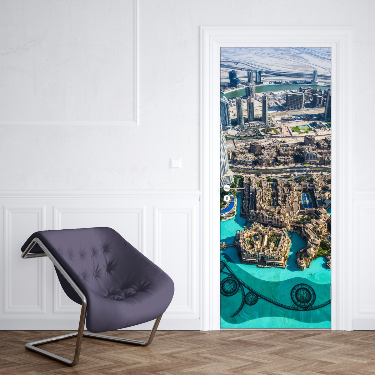 Naklejka na drzwi widok z lotu ptaka na Downtown Dubai – Wallissimo® Naklejka na drzwi widok z lotu ptaka na Downtown Dubai – Wallissimo®