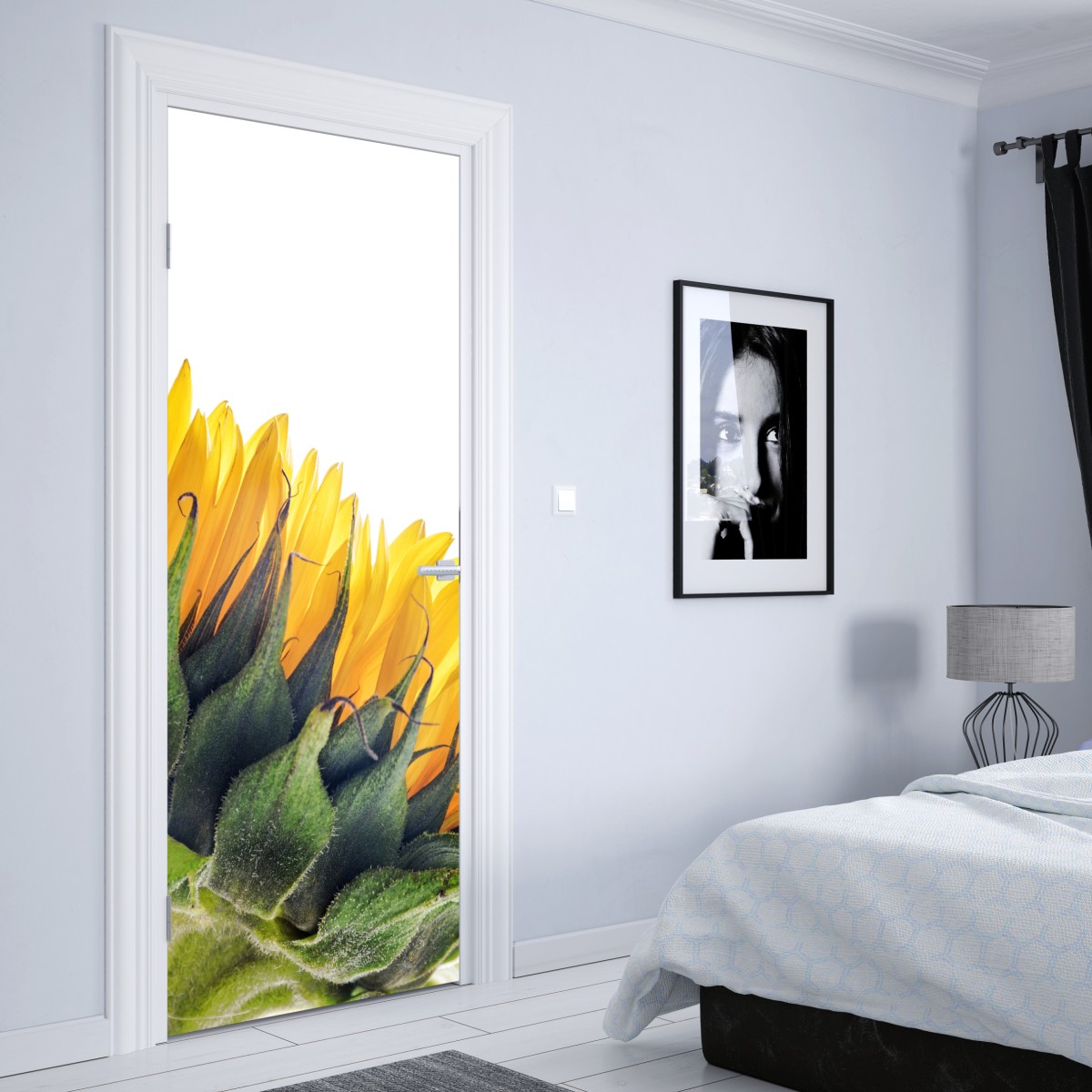 Naklejka na drzwi słonecznik w rogu na białym tle – Wallissimo® Naklejka na drzwi słonecznik w rogu na białym tle – Wallissimo®