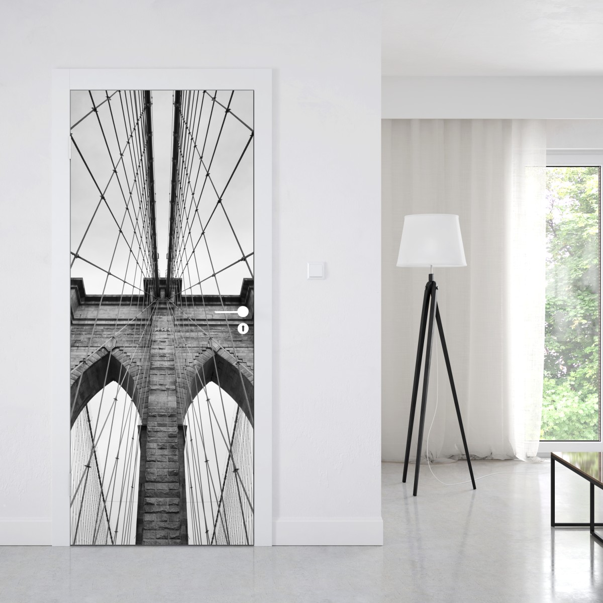 Naklejka na drzwi perspektywa Mostu Brooklyńskiego w monochromie – Wallissimo® Naklejka na drzwi perspektywa Mostu Brooklyńskiego w monochromie – Wallissimo®