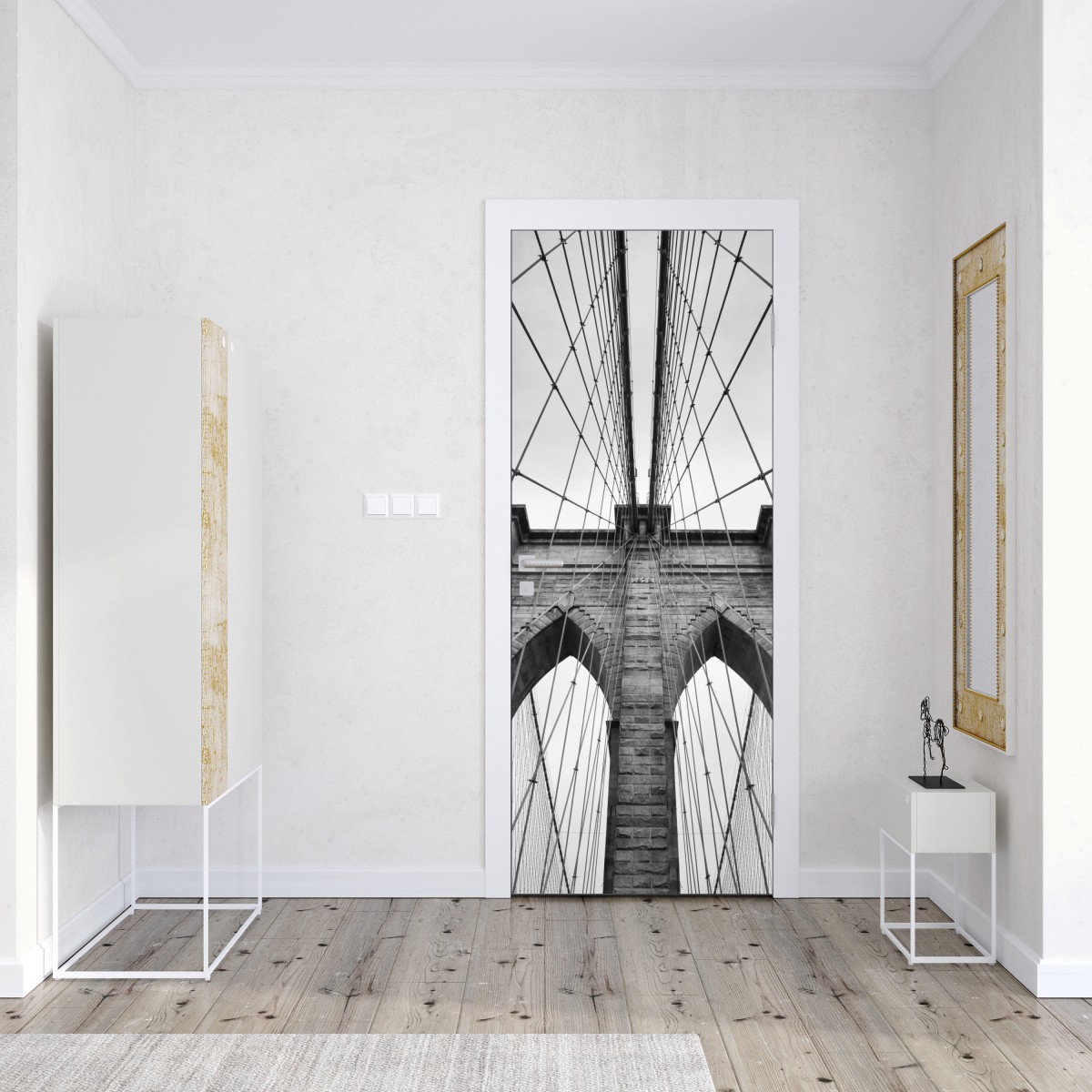 Naklejka na drzwi perspektywa Mostu Brooklyńskiego w monochromie – Wallissimo® Naklejka na drzwi perspektywa Mostu Brooklyńskiego w monochromie – Wallissimo®