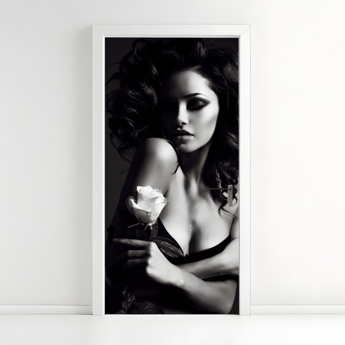Door sticker sensual black and white portrait with rose – Wallissimo®