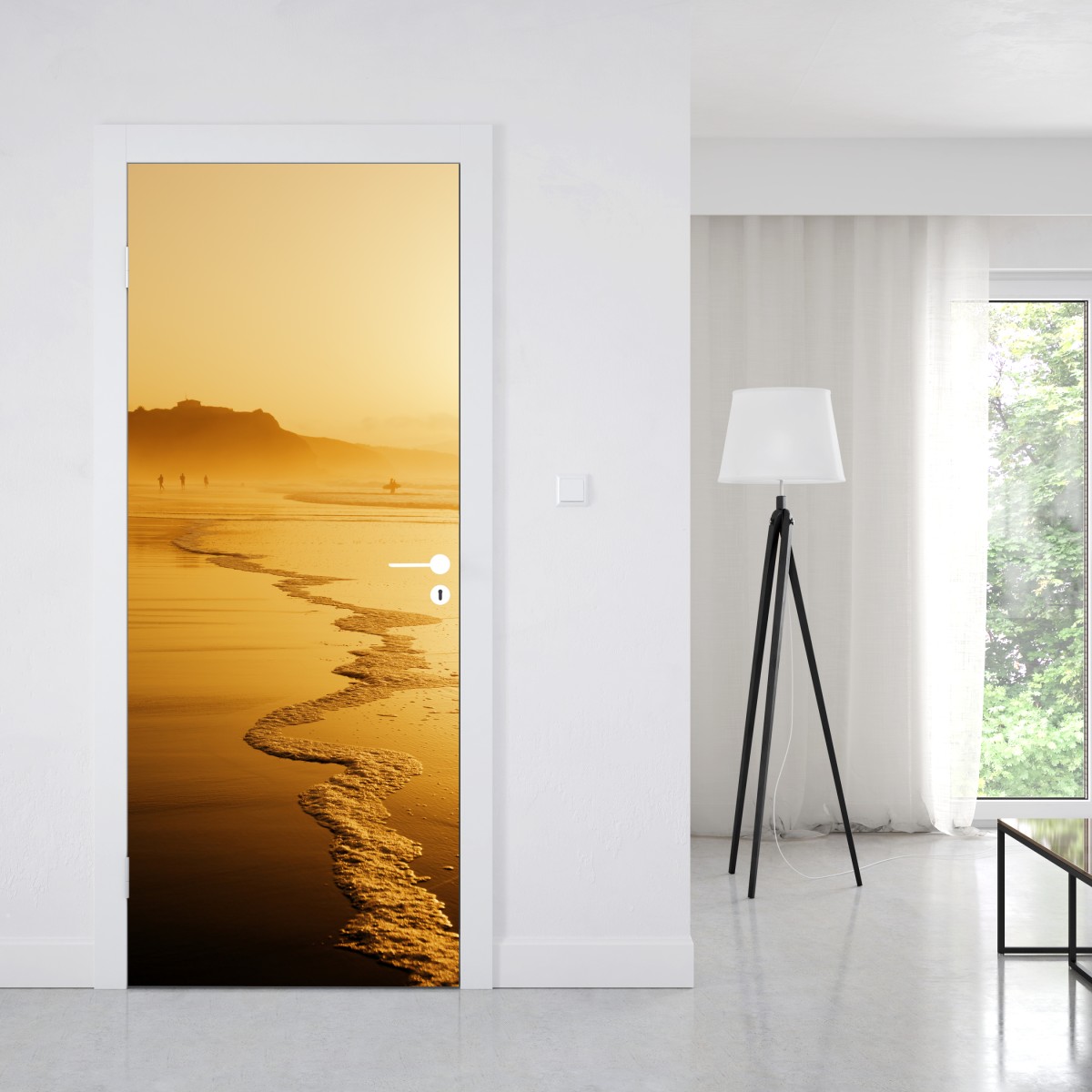 Naklejka na drzwi złoty zachód słońca na plaży w Sopelanie – Wallissimo® Naklejka na drzwi złoty zachód słońca na plaży w Sopelanie – Wallissimo®