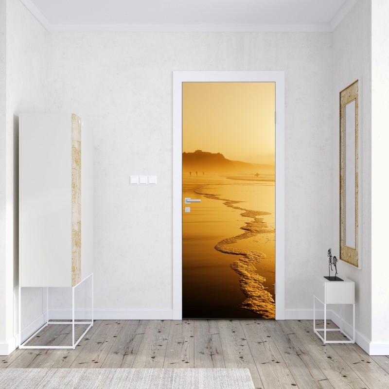 Naklejka na drzwi złoty zachód słońca na plaży w Sopelanie – Wallissimo® Naklejka na drzwi złoty zachód słońca na plaży w Sopelanie – Wallissimo®