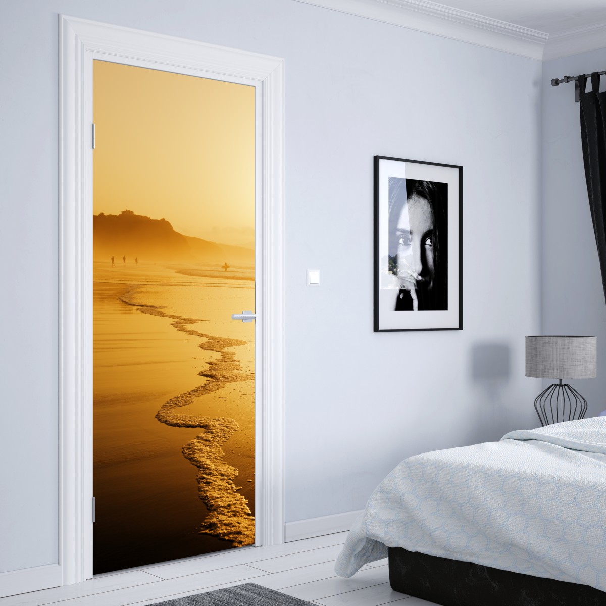 Naklejka na drzwi złoty zachód słońca na plaży w Sopelanie – Wallissimo® Naklejka na drzwi złoty zachód słońca na plaży w Sopelanie – Wallissimo®