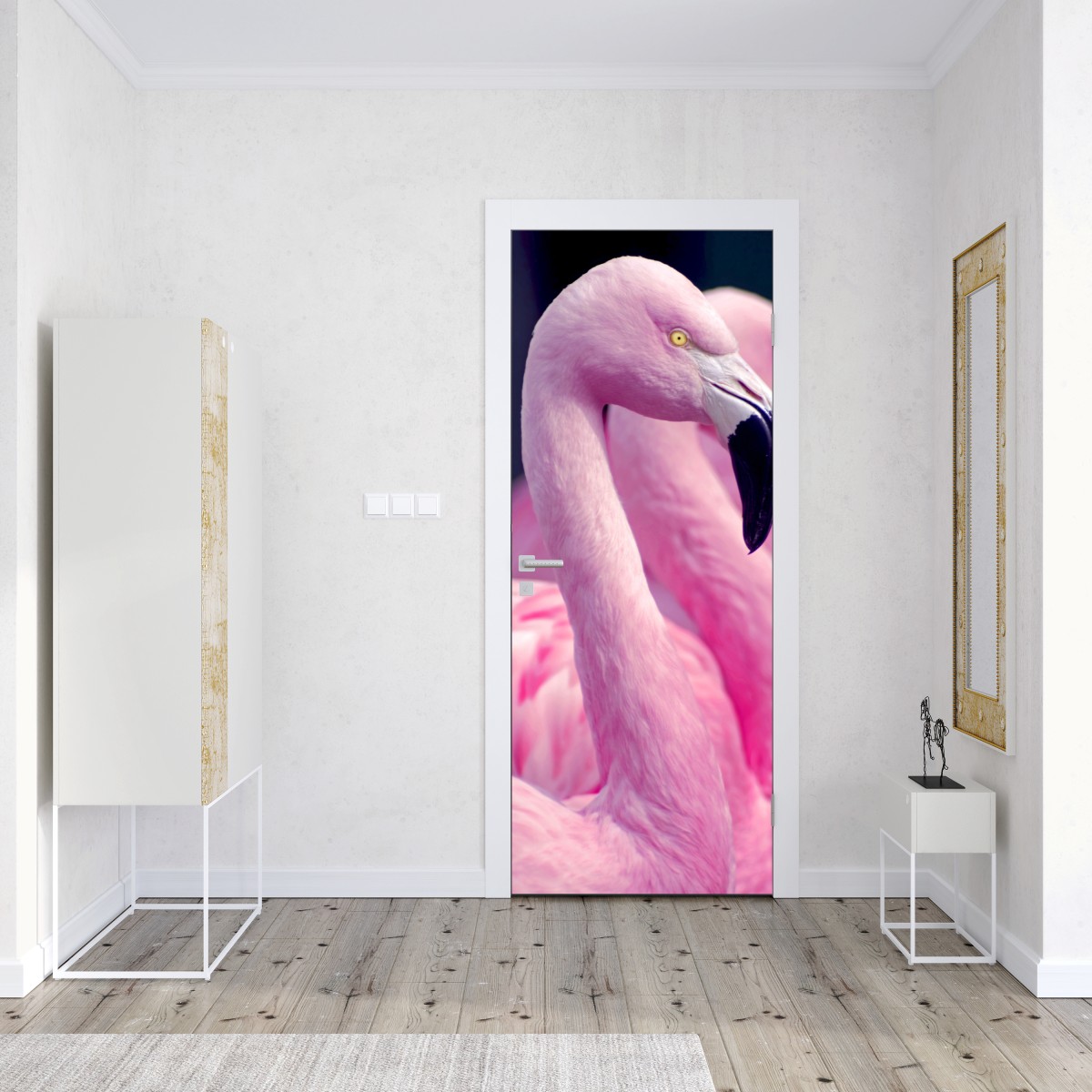 Naklejka na drzwi delikatny portret różowego flaminga – Wallissimo® Naklejka na drzwi delikatny portret różowego flaminga – Wallissimo®