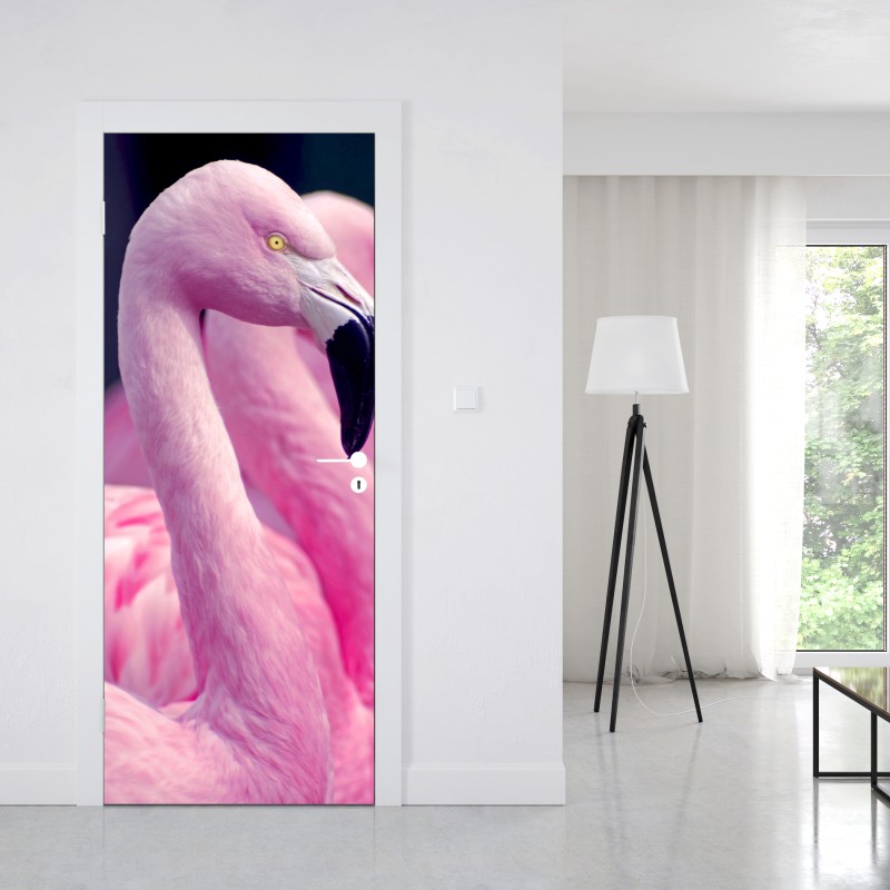 Naklejka na drzwi delikatny portret różowego flaminga – Wallissimo® Naklejka na drzwi delikatny portret różowego flaminga – Wallissimo®