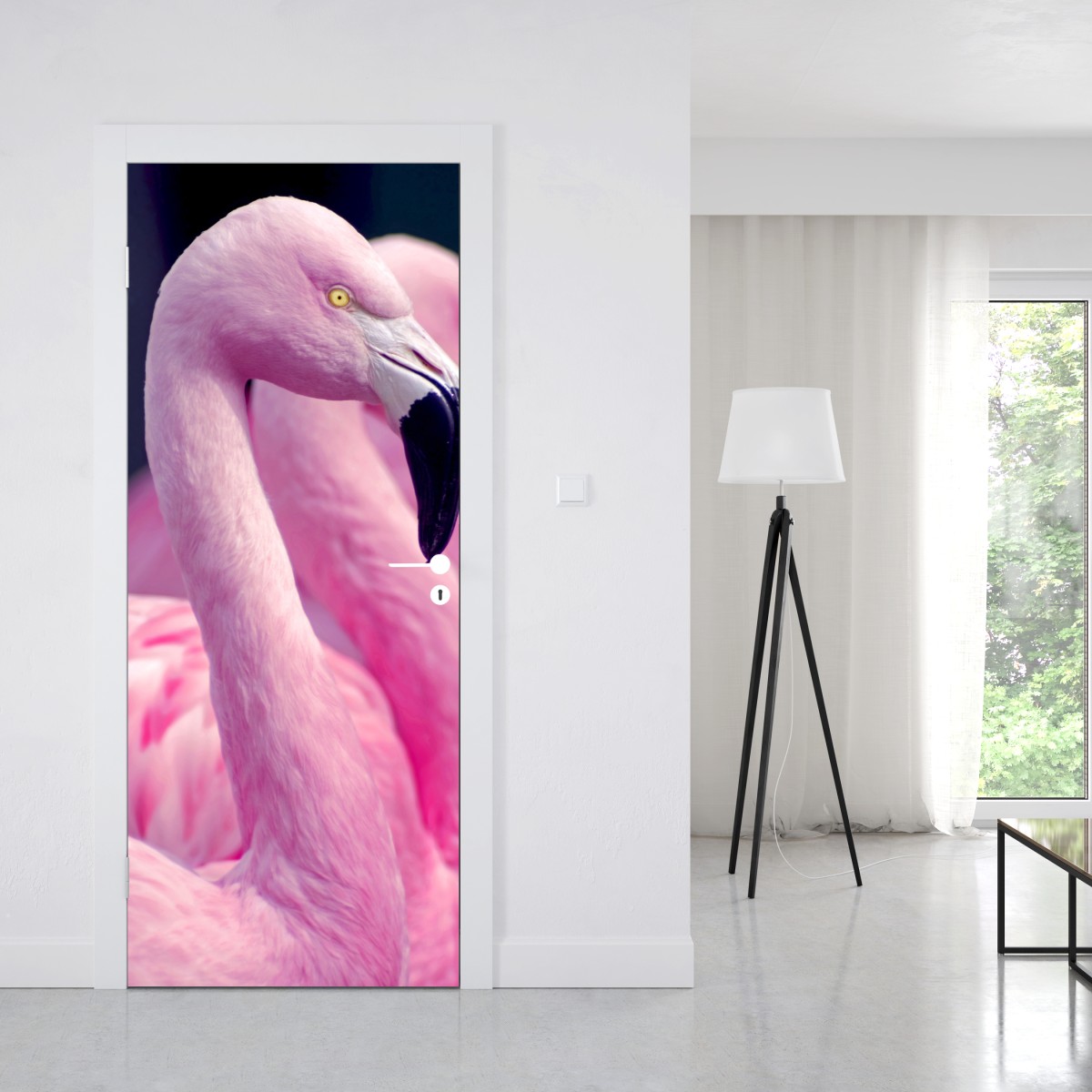 Naklejka na drzwi delikatny portret różowego flaminga – Wallissimo® Naklejka na drzwi delikatny portret różowego flaminga – Wallissimo®