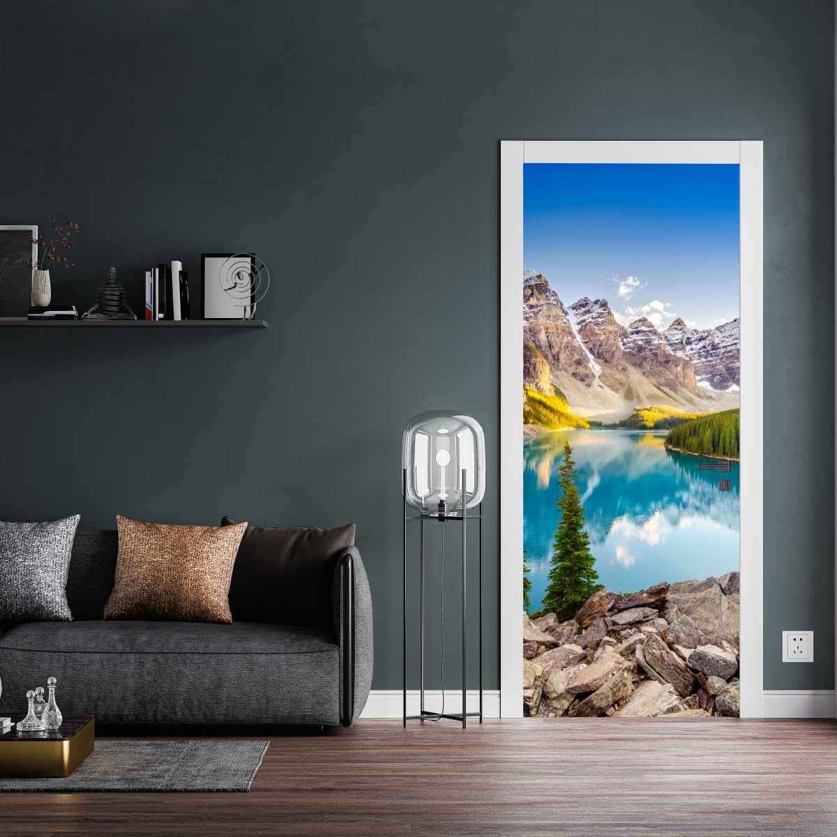 Naklejka na drzwi słoneczne jezioro Moraine i górski widok – Wallissimo® Naklejka na drzwi słoneczne jezioro Moraine i górski widok – Wallissimo®