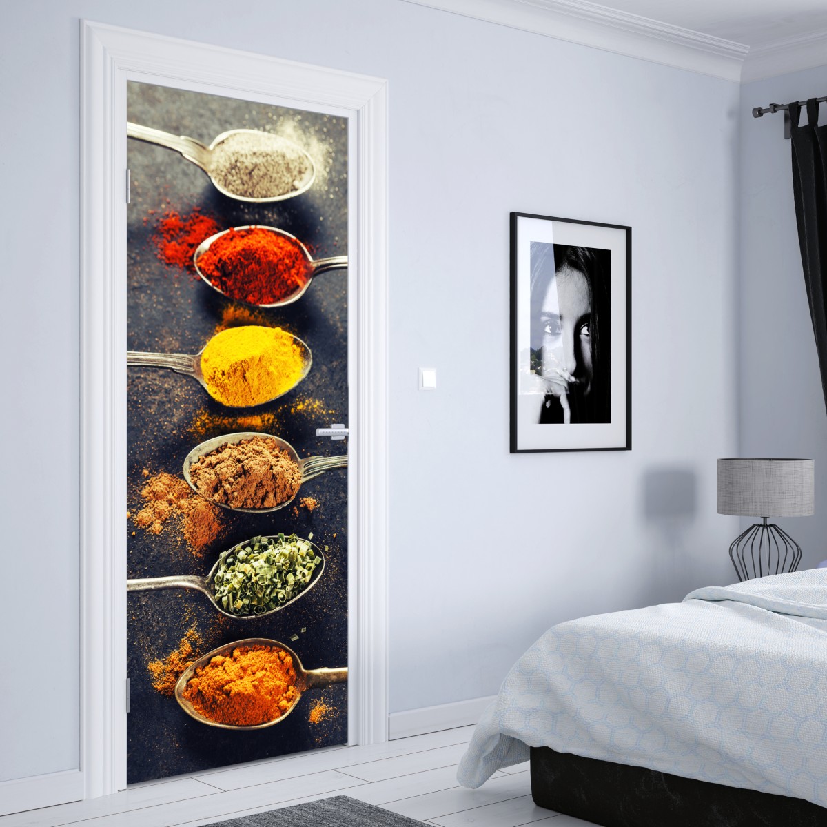 Naklejka na drzwi kolorowe łyżki z przyprawami – Wallissimo® Naklejka na drzwi kolorowe łyżki z przyprawami – Wallissimo®