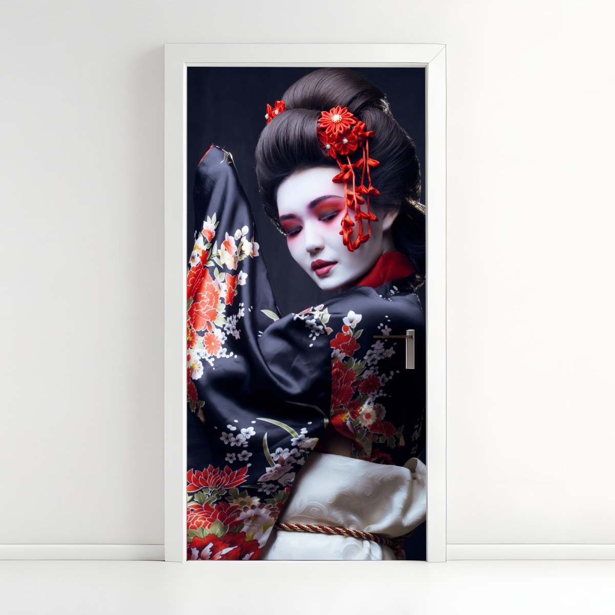 Door sticker elegant geisha portrait in red and black kimono – Wallissimo®