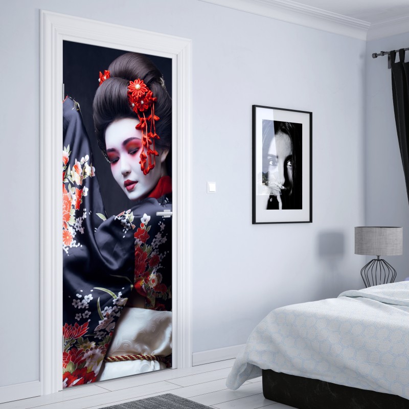 Naklejka na drzwi elegancki portret gejszy w czerwonym i czarnym kimonie – Wallissimo® Naklejka na drzwi elegancki portret gejszy w czerwonym i czarnym kimonie – Wallissimo®