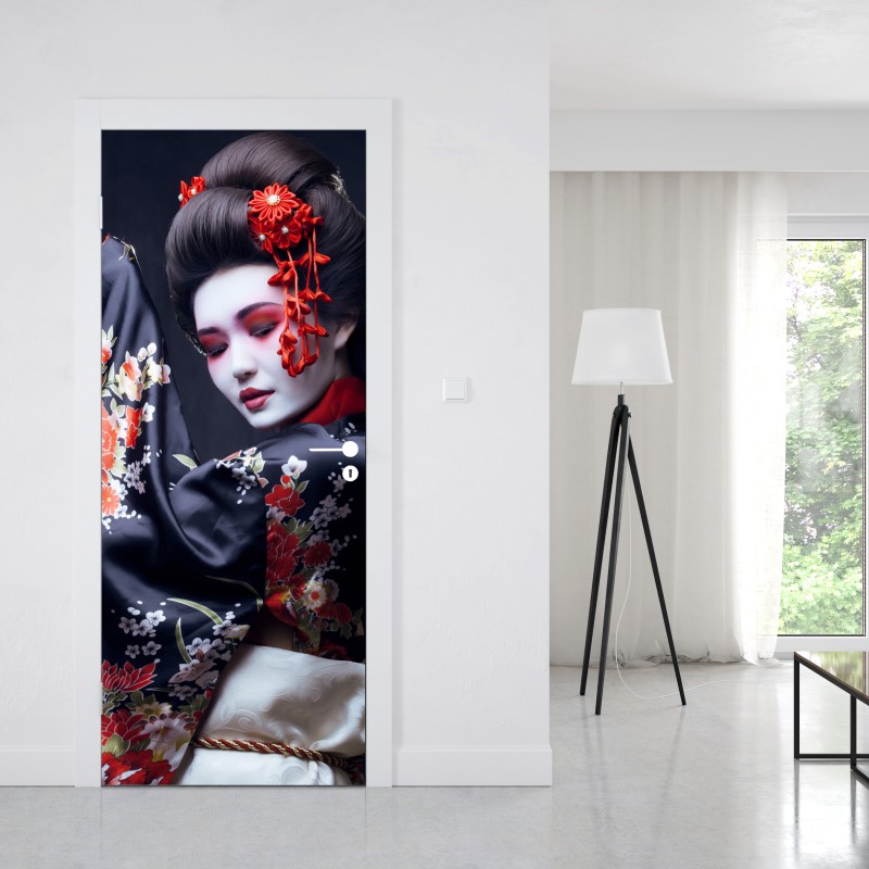 Naklejka na drzwi elegancki portret gejszy w czerwonym i czarnym kimonie – Wallissimo® Naklejka na drzwi elegancki portret gejszy w czerwonym i czarnym kimonie – Wallissimo®