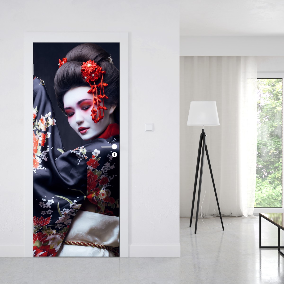 Naklejka na drzwi elegancki portret gejszy w czerwonym i czarnym kimonie – Wallissimo® Naklejka na drzwi elegancki portret gejszy w czerwonym i czarnym kimonie – Wallissimo®