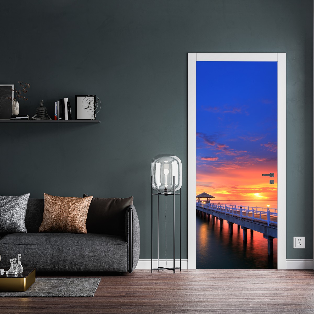 Naklejka na drzwi molo o zachodzie słońca nad plażą – Wallissimo® Naklejka na drzwi molo o zachodzie słońca nad plażą – Wallissimo®