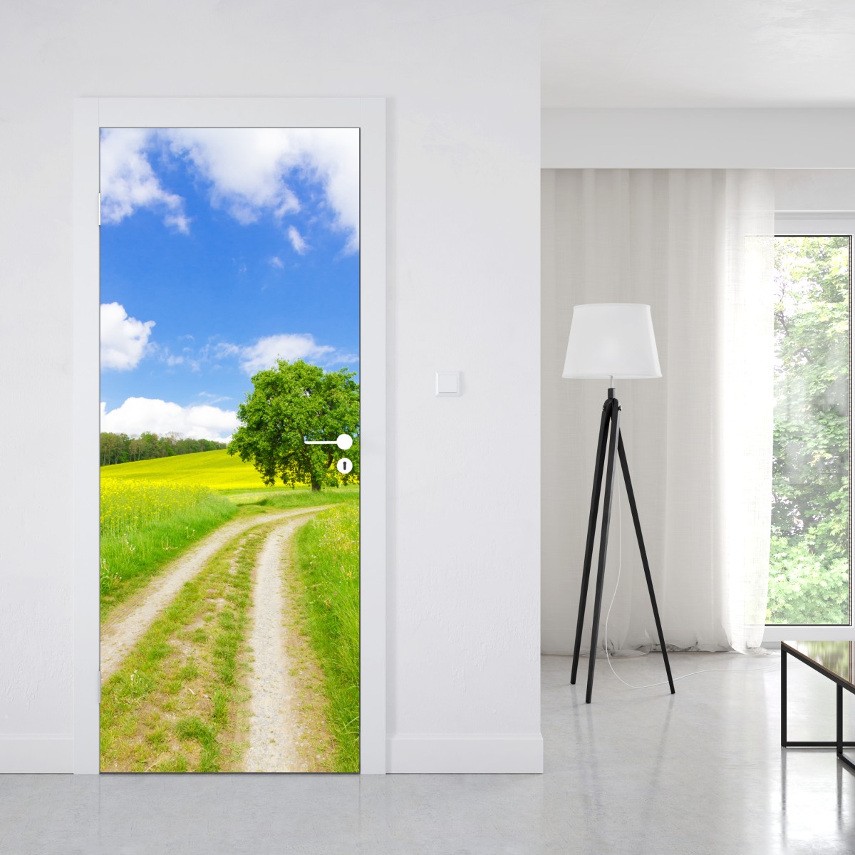 Naklejka na drzwi słoneczna wiejska ścieżka z samotnym drzewem – Wallissimo® Naklejka na drzwi słoneczna wiejska ścieżka z samotnym drzewem – Wallissimo®