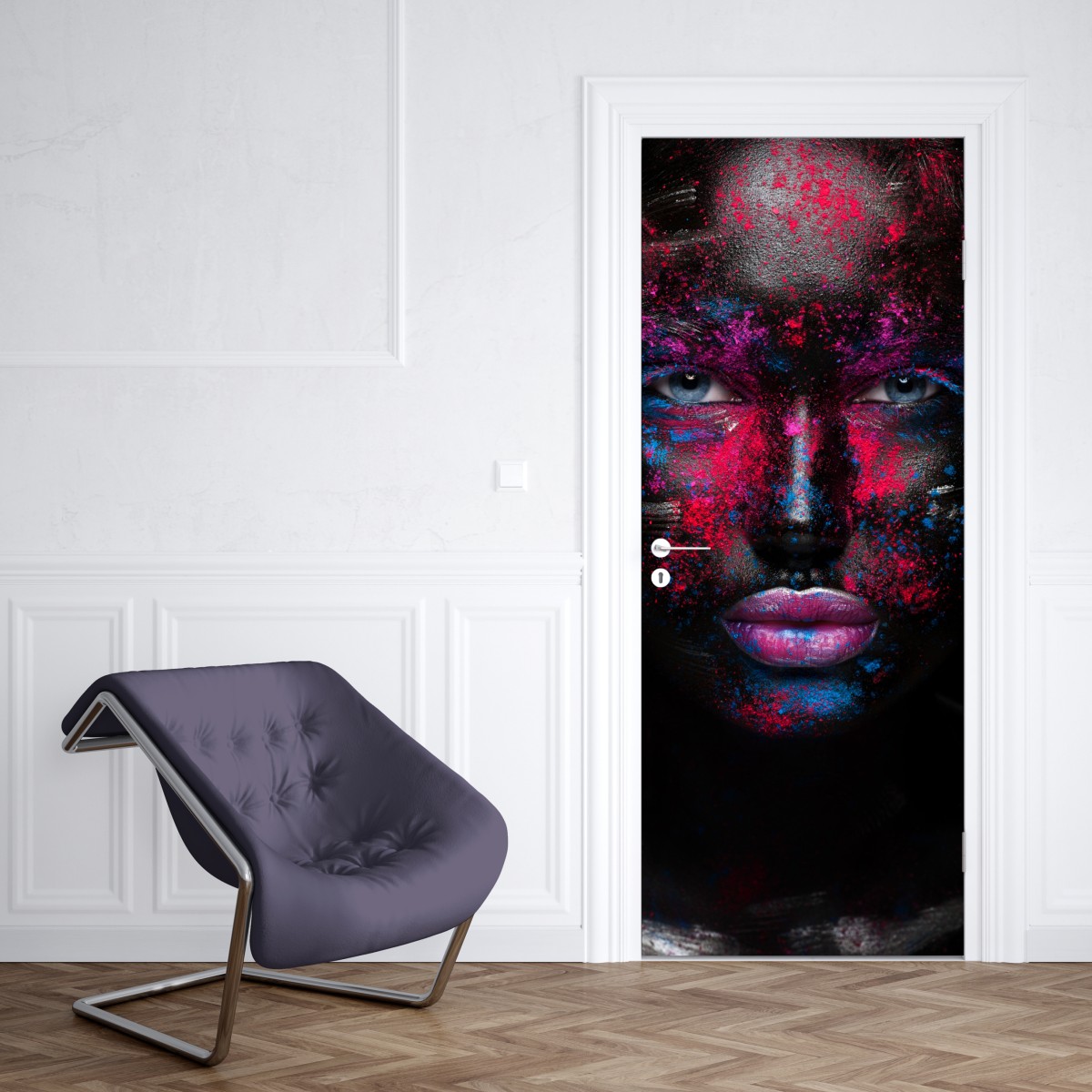 Naklejka na drzwi dramatyczny neonowy portret twarzy – Wallissimo® Naklejka na drzwi dramatyczny neonowy portret twarzy – Wallissimo®