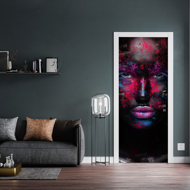 Naklejka na drzwi dramatyczny neonowy portret twarzy – Wallissimo® Naklejka na drzwi dramatyczny neonowy portret twarzy – Wallissimo®